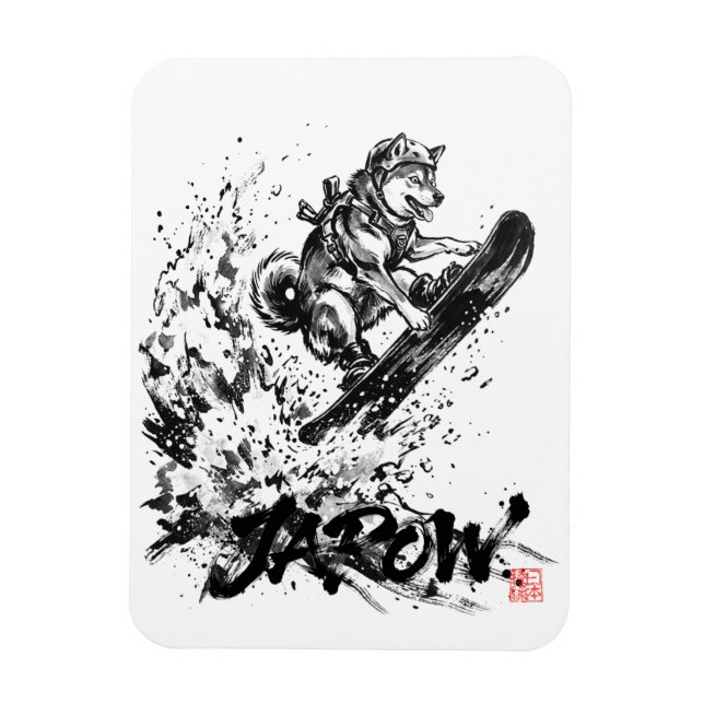 Íman Snowboard Brush Art - Snowboarder Dog Huskey (Vertical)