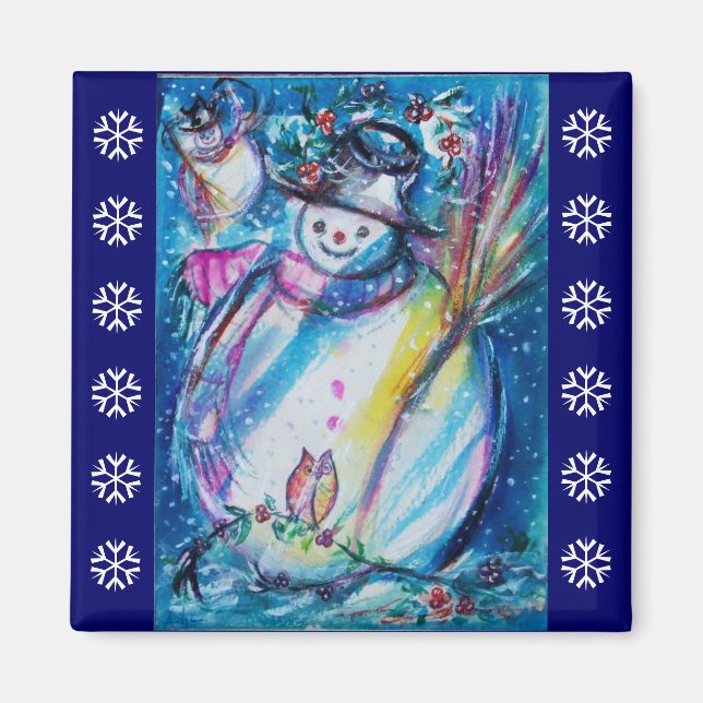 Íman SNOWMAN COM OWL / Flocos de neve brancos azuis (Frente)