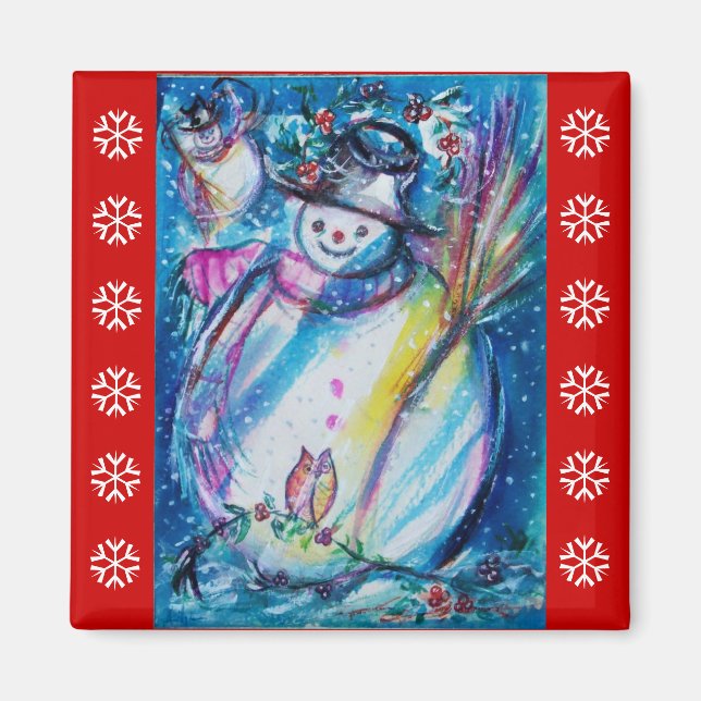 Íman SNOWMAN COM OWL / Flocos de neve brancos vermelhos (Frente)