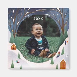 Íman Snowy Village Winter Scene Photo de Natal