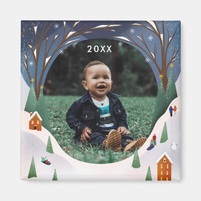 Íman Snowy Village Winter Scene Photo de Natal (Frente)