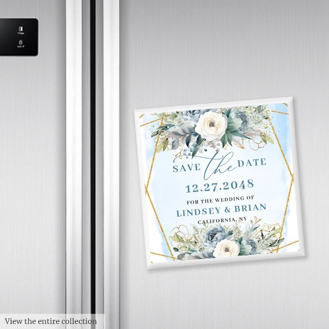 Íman Sofisticado Peônia Branco Azul Empoeirado Salvar a (Sophisticated Dusty Blue White Peony Save the Date)