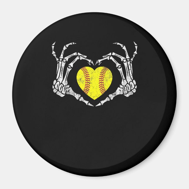 Íman Softball Heart Skeleton Halloween Diversão de Figu (Frente)
