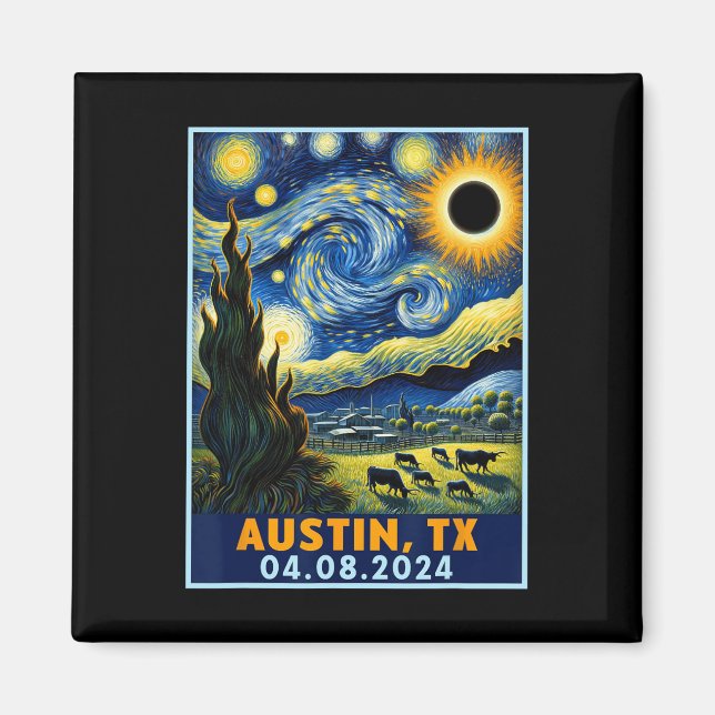 Íman Solar Eclipse 2024 Austin Texas Van Gogh Starry Ni (Frente)