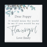 Íman Solicitação de Rapariga de Flor de Leaf Eucalyptus<br><div class="desc">Uma maneira encantadora de fazer esta pergunta especial,  oferecer este ímã com folhas de Eucalipto Azuis enfeitando a borda superior com a Fllowergirl na tipografia moderna set na moda em azul escuro. O resto do texto pode ser facilmente personalizado.</div>