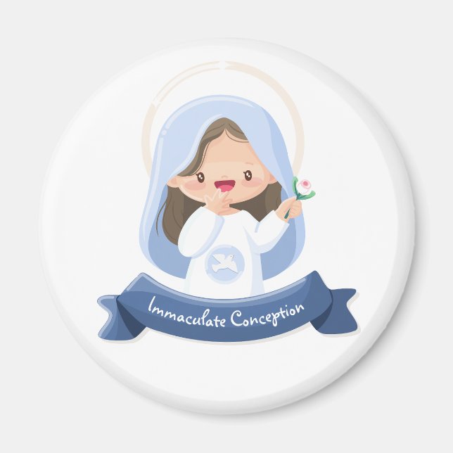 Íman Sorria da Virgem Kawaii Maria com Flor - Branca (Frente)