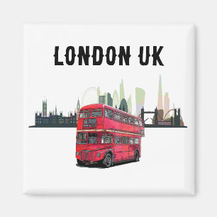 Íman Souvenir de Skyscape Red Bus em Londres Personaliz