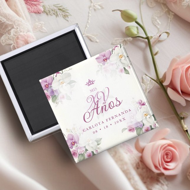 Íman Spanish Mis XV Exquisite Floral Orchids Bouquets (Spanish Romantic Exquisite Floral Orchids Bouquets Mis XV Años Magnet.)