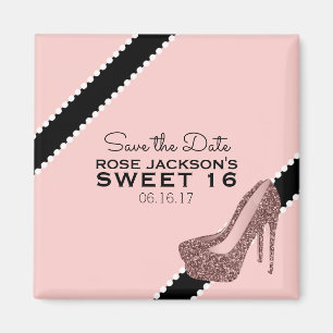 Íman Sparkly Stiletto Heel Sweet 16 Salve a data rosa
