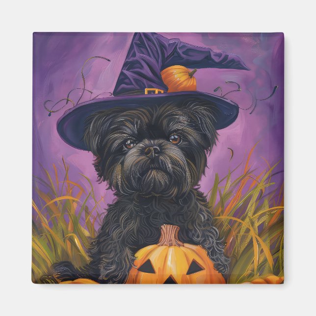 Íman Spooky Affenpinscher Halloween Witch e Pumpkin (Frente)
