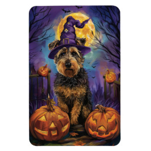 Íman Spooky Airedale Halloween Witch e Pumpkin