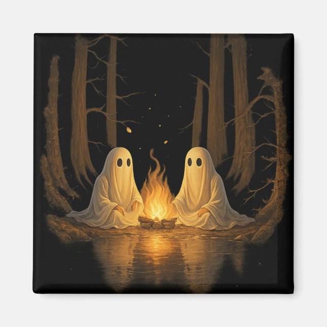 Íman Spooky Ghost Campfire Night Forest Art - Halloween (Frente)