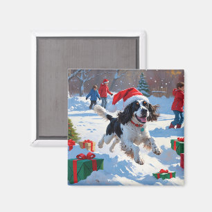 Íman Springer Spaniel Correndo na Neve com Chapéu de Na
