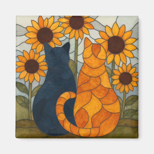 Íman Stained Glass Cats and Sunflowers Art Design (Frente)