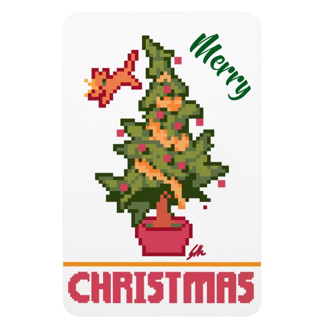 Íman stealing cat, tree, Pixel Art, Merry Christmas  (Vertical)