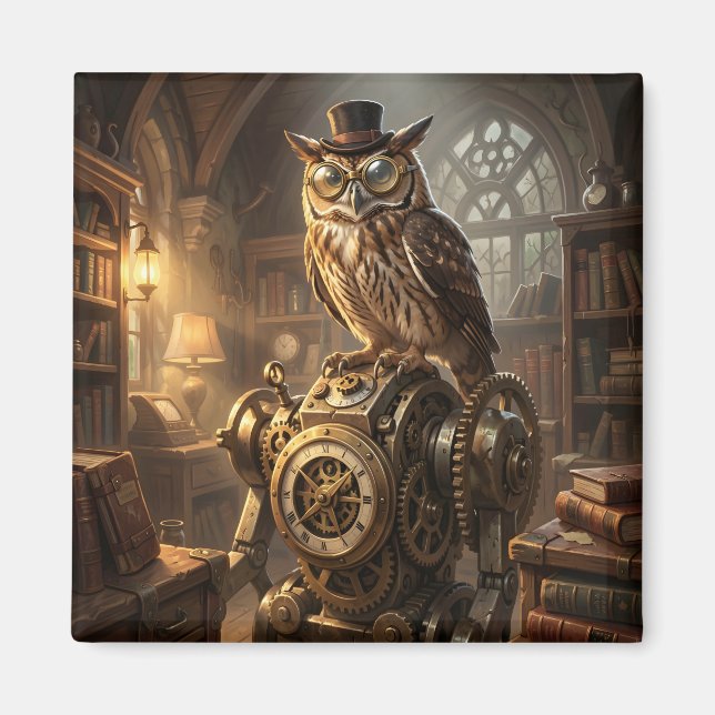 Íman steampunk owl clockwork art magnet (Frente)