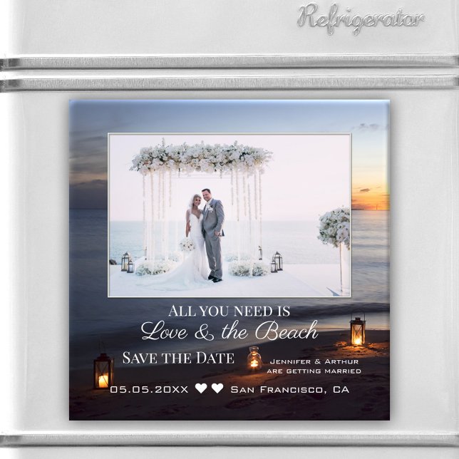 Íman Sua Imã salve a data do Sol do Mar de Fotografia (An elegant photo magnet featuring your custom photo in a beach scene at sunset.)