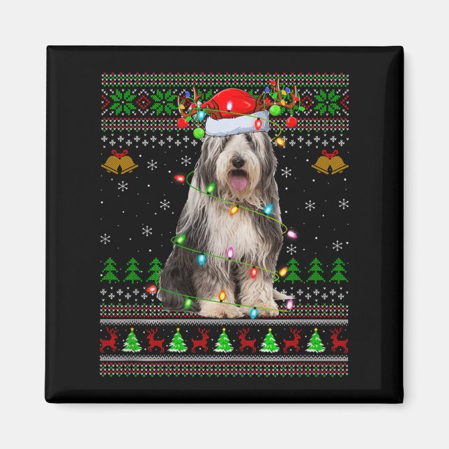 Íman Suéter de Natal Feio do Cão Collie Barbudo Férias  (Frente)