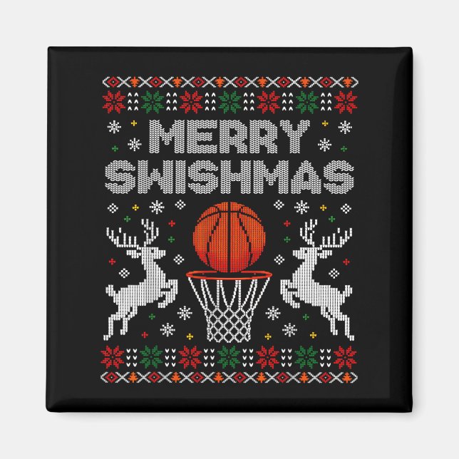 Íman Suéter Feio de Natal de Basquetebol Alegre Swishma (Frente)
