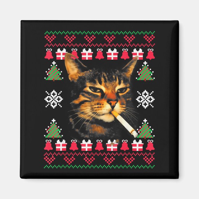 Íman Suéter Feio de Natal engraçado de gato fumante par (Frente)