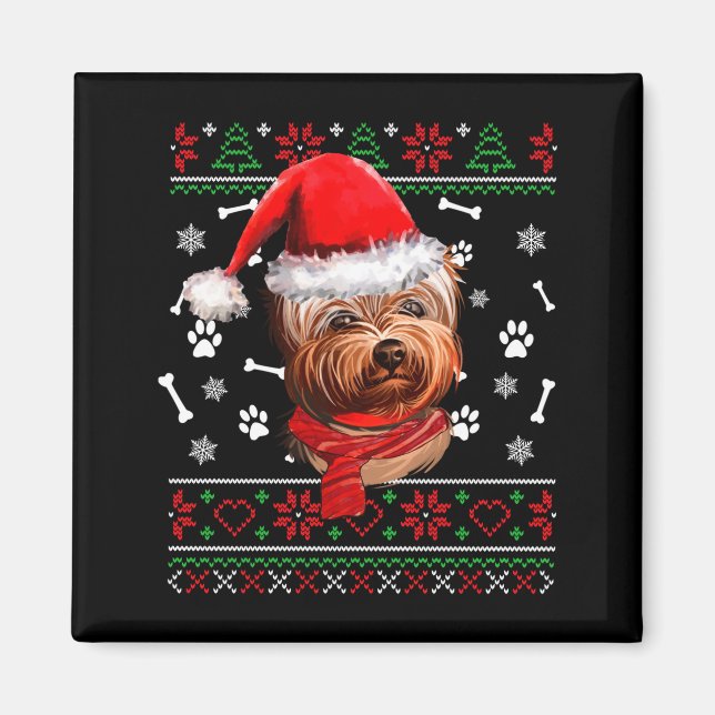 Íman Suéter Feio Natal Cachorro Yorkie Chapéu do Papai  (Frente)