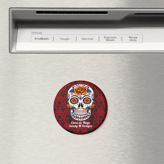 Íman Sugar Skull Cinco de Mayo Red Floral Nome (In Situ (Dishwasher))