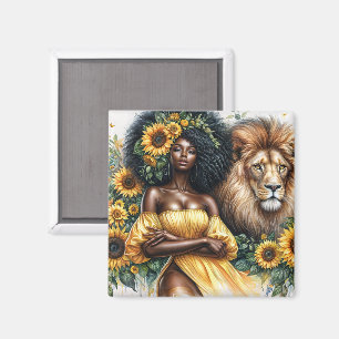 Íman Sunflower Black Woman Com Lion Leo Art