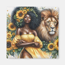Íman Sunflower Black Woman Com Lion Leo Art