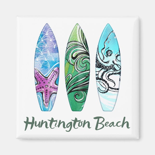 Íman Surfboards de Aquarela de praia em Huntington (Frente)