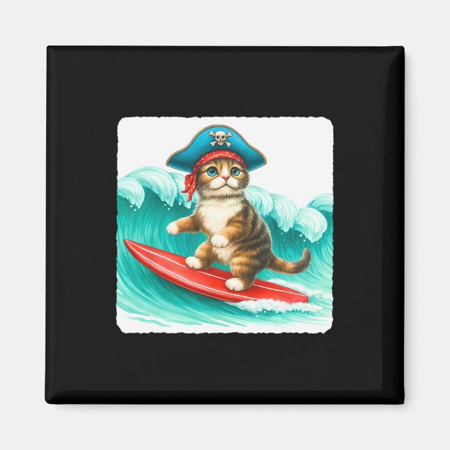 Íman Surfing Cat With Pirate Hat On Surfboard. Waves Pl (Frente)