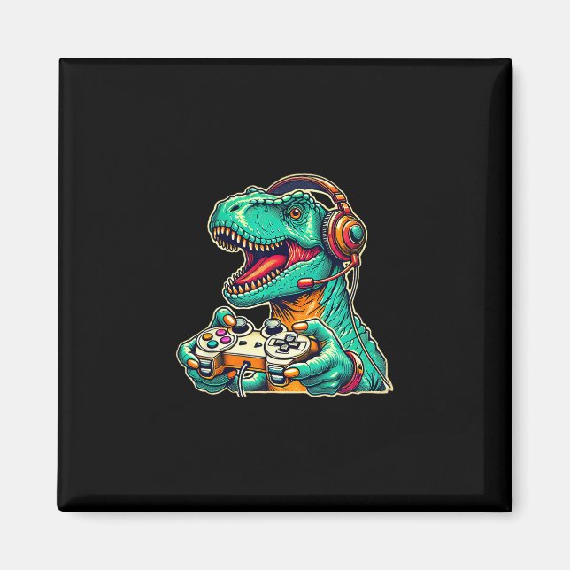 Íman T-rex Jogando Com Headset Dinossauro Engraçado Grá (Frente)