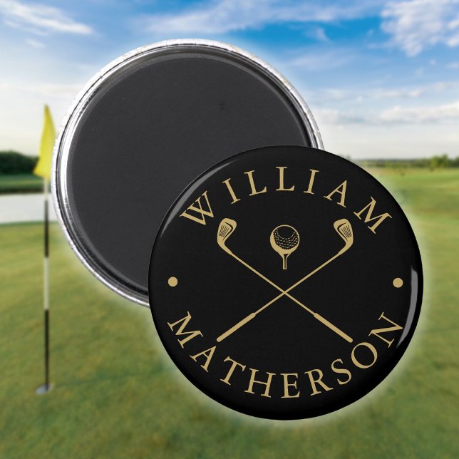 Íman Tacos de golfe com nome personalizado preto e dour (Simple Custom Name Golf Clubs Black And Gold Magnet)