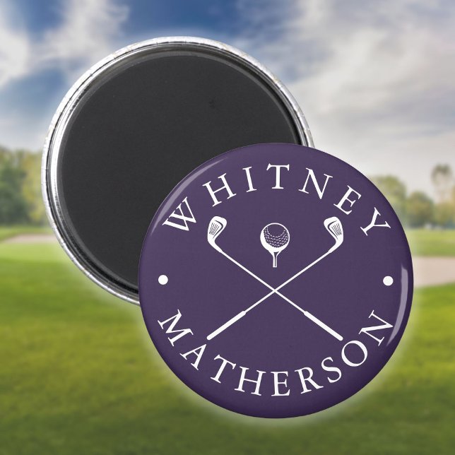 Íman Tacos de golfe personalizados modernos roxo e bran (Modern Custom Name Golf Clubs Purple And White Magnet)