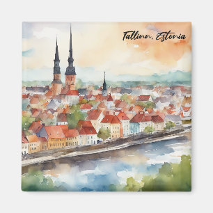 Íman Tallinn Estônia Pintura em Aquarela Vista da Cidad