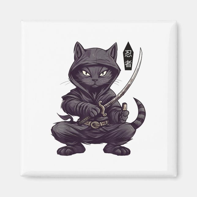 Íman Tatuagem de Gato Preto Samurai Japonês, Kawaii Nin (Frente)