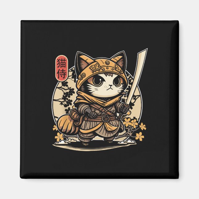 Íman Tatuagem de Gato Samurai Japonês, Kawaii Ninja Cat (Frente)