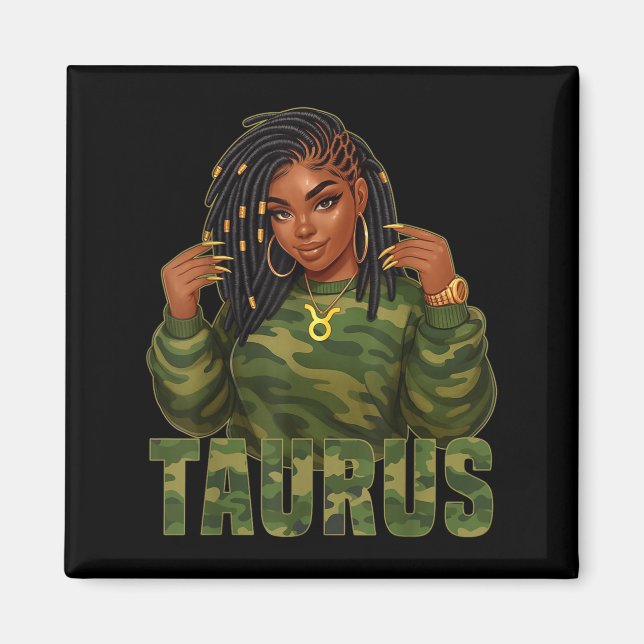 Íman Taurus Queen Lock Black Woman Camo Sinal Zodiac (Frente)