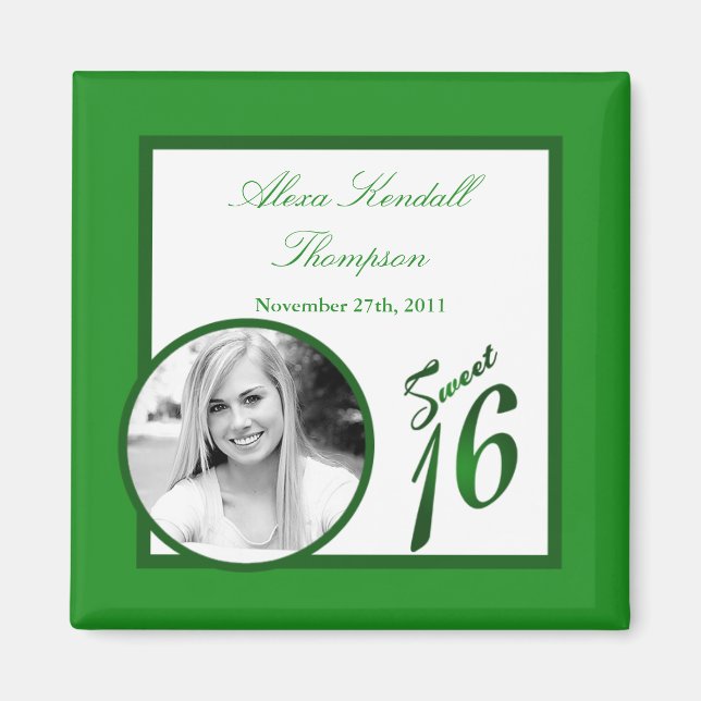 Íman {TBA} 2"x2" Sweet 16 Green Announement Magnet (Frente)