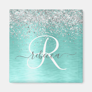 Íman Teal Brugado Metal Silver Glitter Nome Monograma