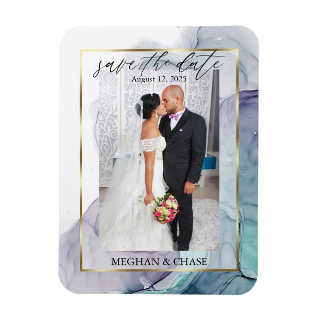 Íman Teal Elegante e Foto Roxa Salvar a Data (Vertical)