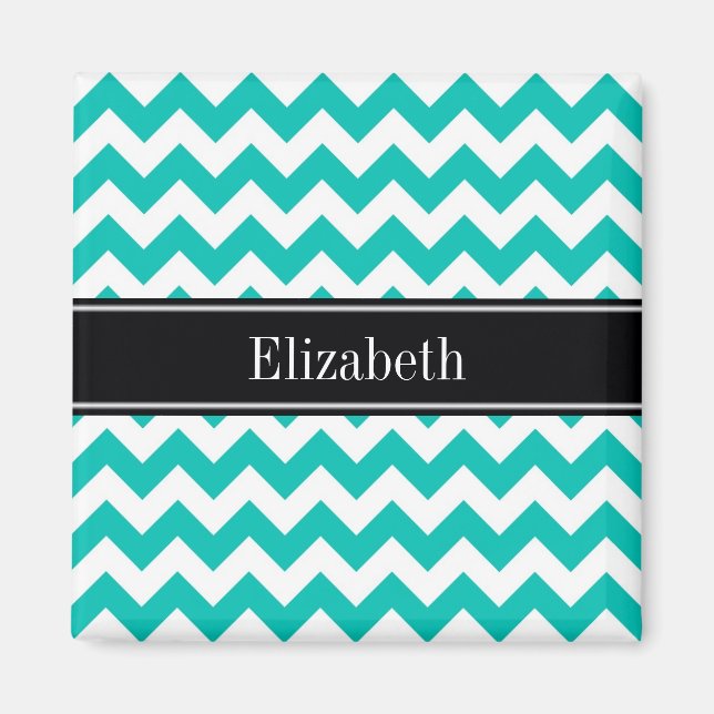 Íman Teal White Chevron ZigZag Black Name Monograma (Frente)