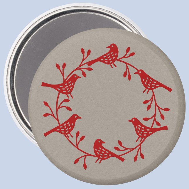 Íman Terra de Aves e Ímã de Rotas (Red Scandinavian bird wreath festive magnet)