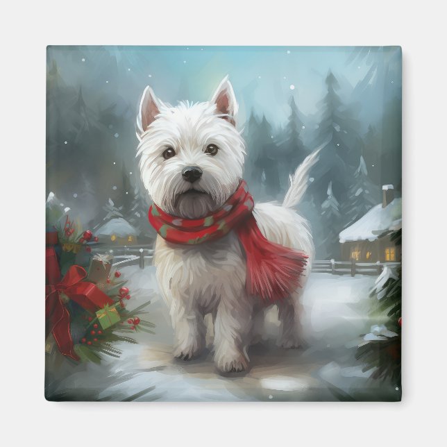 Íman Terrier Branco do West Highland na Neve Natal (Frente)