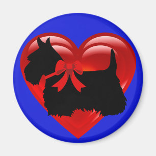 Íman Terrier Escocês preto/branco coração/laço vermelho