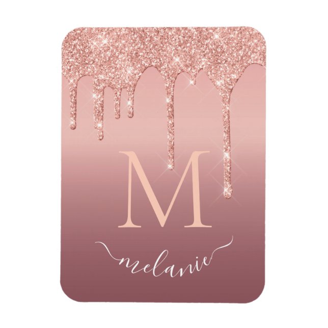 Íman Texto de Nome Monograma Rosa Dourado Brilho Glitte (Vertical)