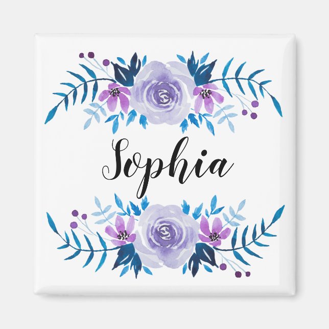 Íman Texto Personalizado de Texto Floral Púrpura Azul-C (Frente)