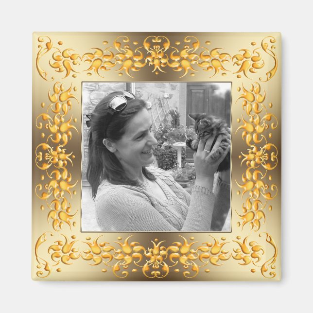 Íman texto retro - quadro de ouro barroco floral. (Frente)