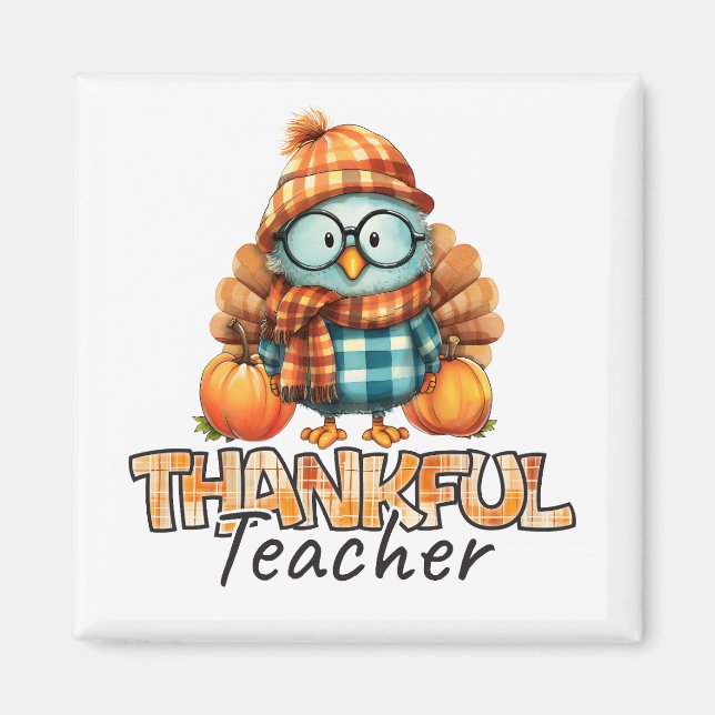 Íman Thankful Teacher  Autumn Owl with Pumpkins & Plaid (Frente)