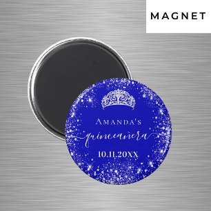 Íman Tiara de glitter prata azul real Quinceanera nome