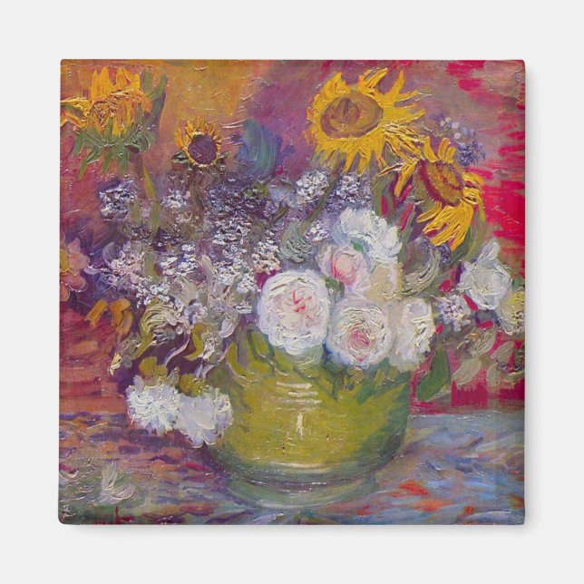 Íman Tigela com Girassóis e Rosas por Vincent van Gogh (Frente)